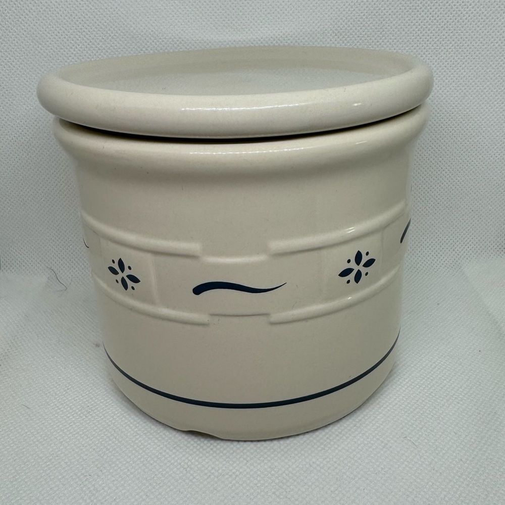Longaberger Pottery White / Blue Woven Traditions Pint Salt Crock w/ Lid Coaster